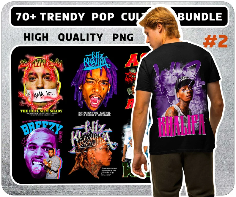 70+ pop culture T-Shirt Designs - PNG - Great for Stickers, T-shirts, Hoodies, hip hop bundle T-shirts Png, western T-shirts