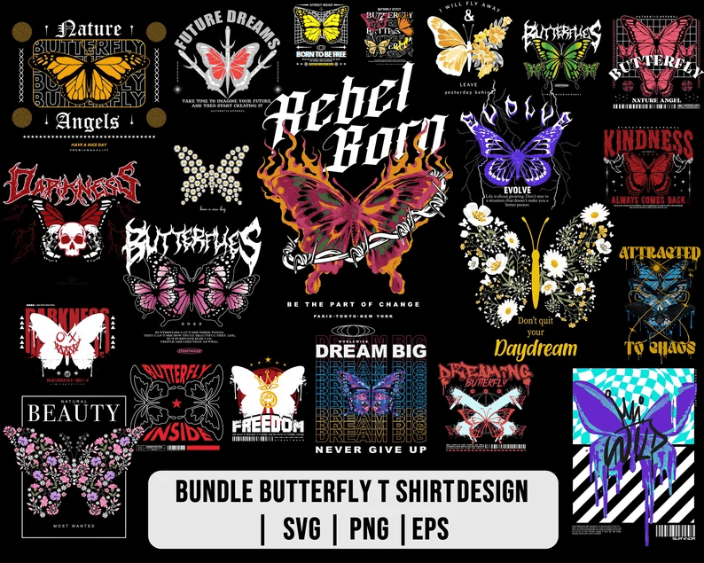 Butterflies street wear design bundle , streetwear design bundle , bikers design ,urban t-shirts , flora fauna