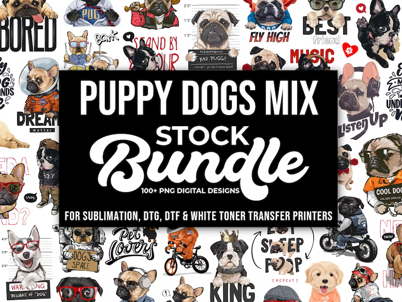 PNG Puppy Dog Stock Design Bundle, For Sublimation, DTG, DTF, Transfer Printing, Digital Downloads